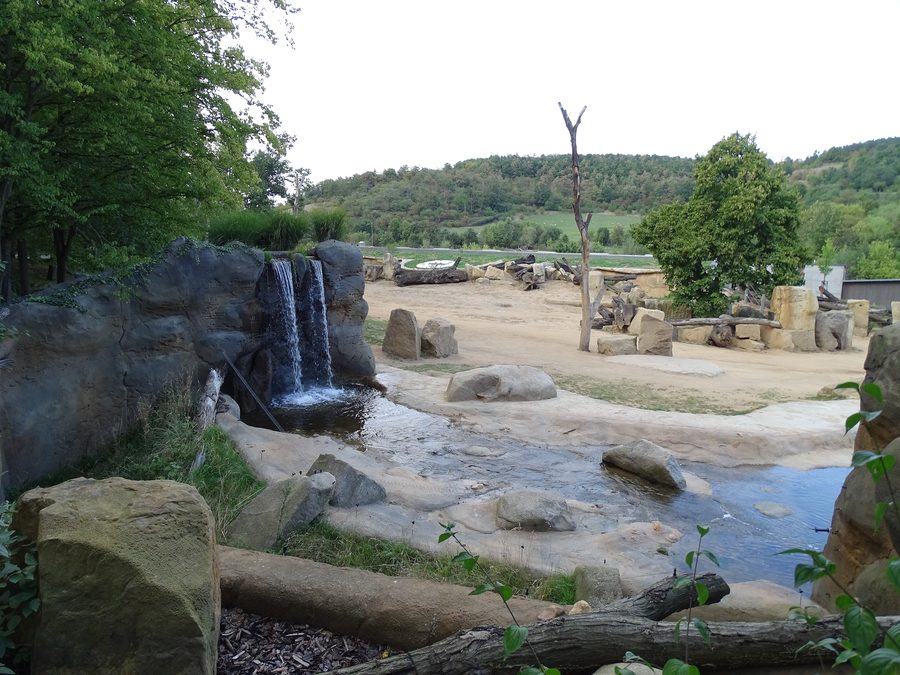 The Elephant Valley waterfall area at Prague Zoo in Troja.